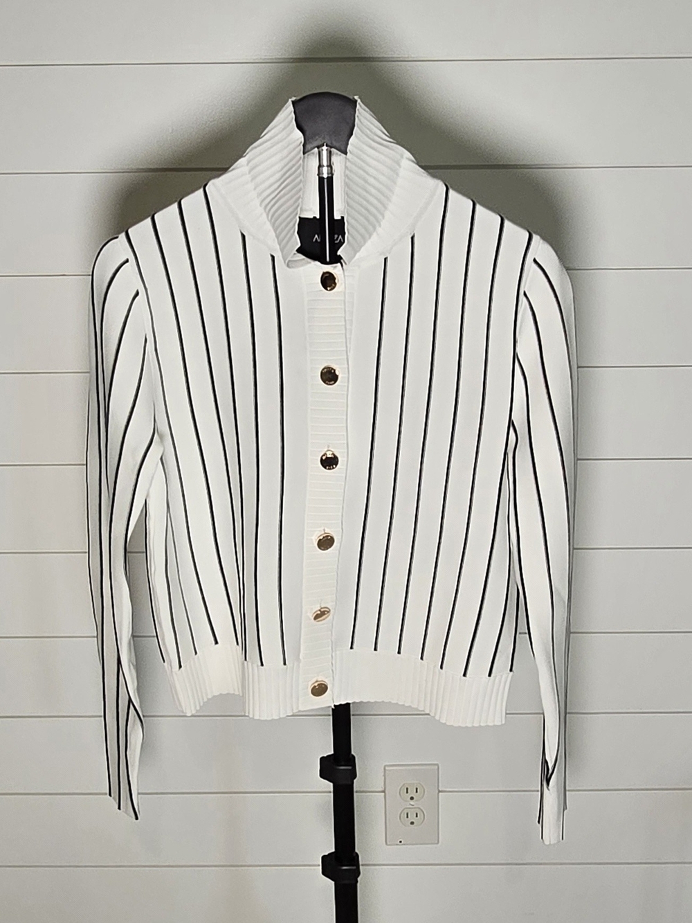 NWT Aleeza Paris White w Black Stripes Knit Cardigan S - Picture 3 of 6